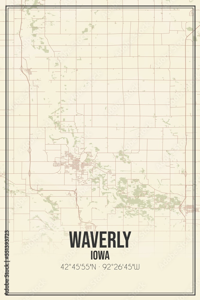 Retro US city map of Waverly, Iowa. Vintage street map.