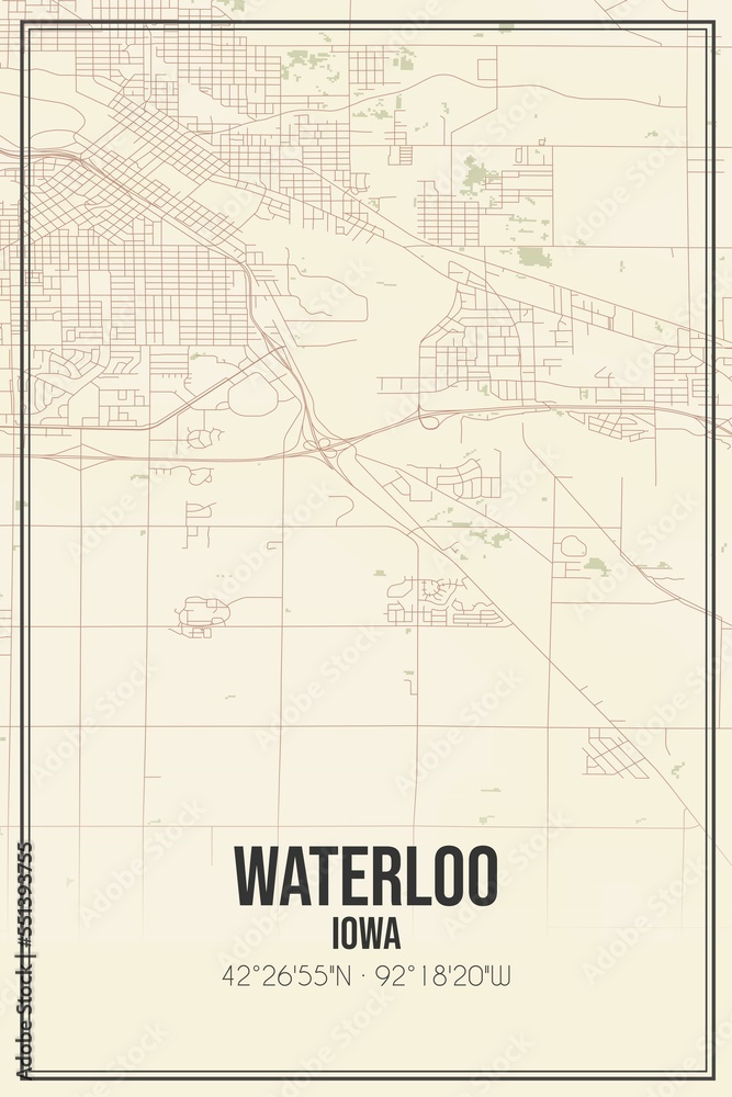 Retro US city map of Waterloo, Iowa. Vintage street map.