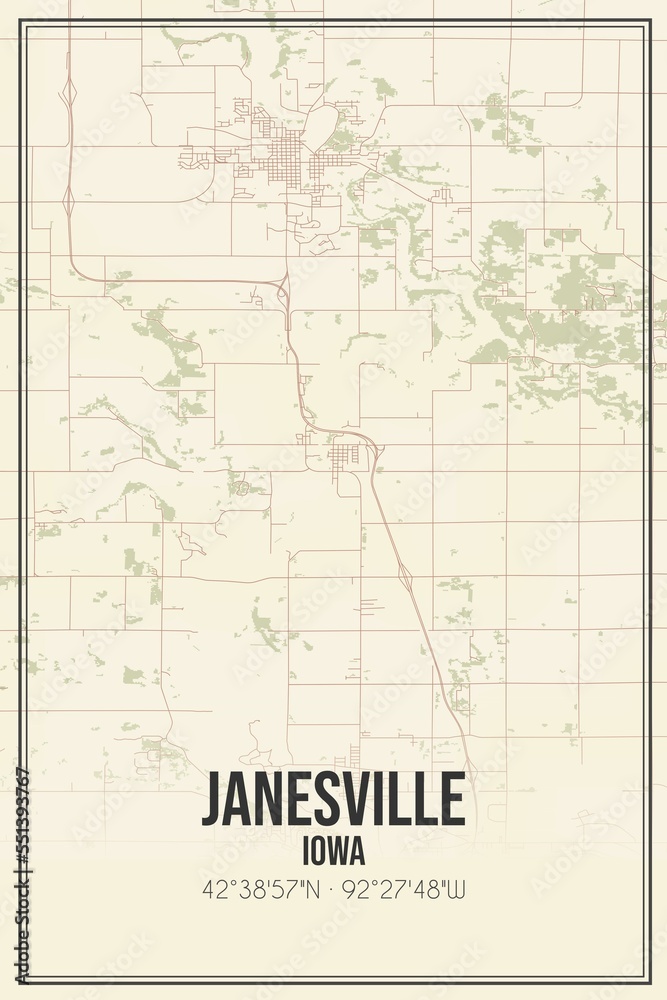 Obraz premium Retro US city map of Janesville, Iowa. Vintage street map.