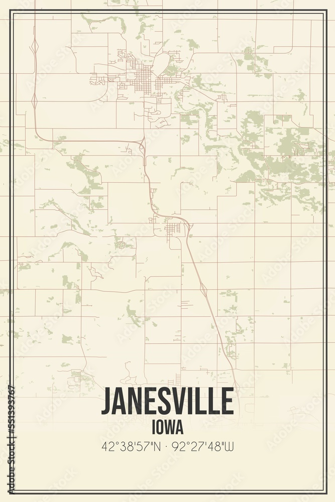 Retro US city map of Janesville, Iowa. Vintage street map.