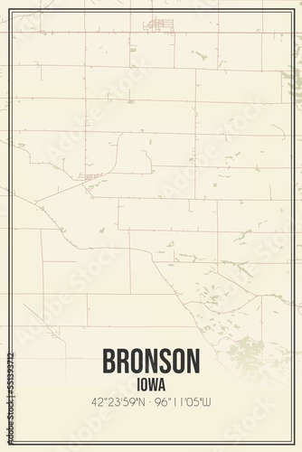 Retro US city map of Bronson, Iowa. Vintage street map.