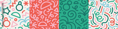 Fun christmas line seamless pattern set. Creative abstract style holiday background collection for party celebration with modern shapes. Simple xmas winter drawing wallpaper print.