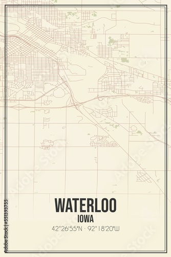 Retro US city map of Waterloo, Iowa. Vintage street map.