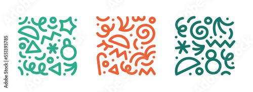 Fun christmas line doodle shape set. Creative abstract style holiday symbol collection for children or party celebration with modern basic shapes. Simple xmas winter drawing decoration.