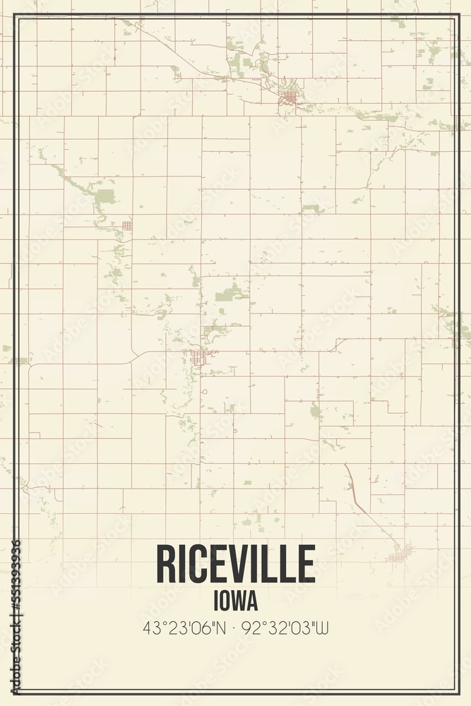 Retro US city map of Riceville, Iowa. Vintage street map.