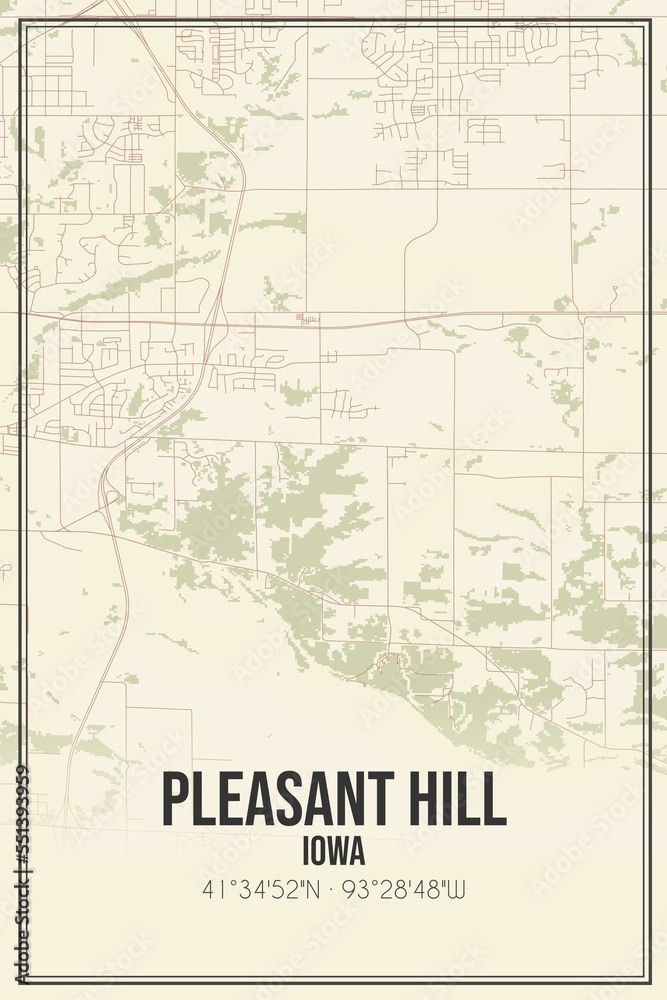 Retro US city map of Pleasant Hill, Iowa. Vintage street map.
