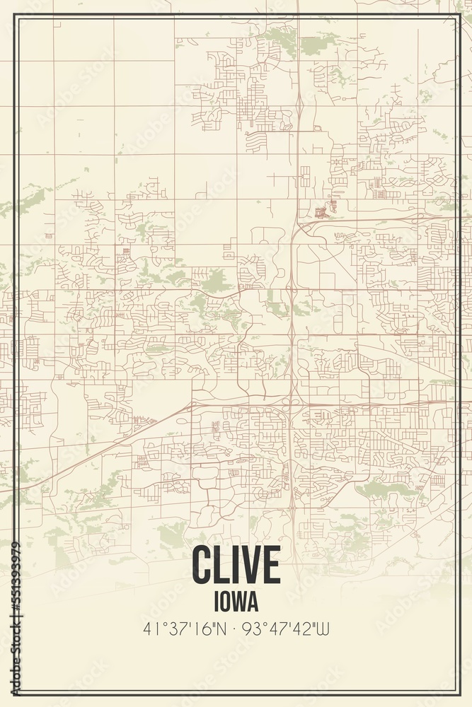 Retro US city map of Clive, Iowa. Vintage street map.
