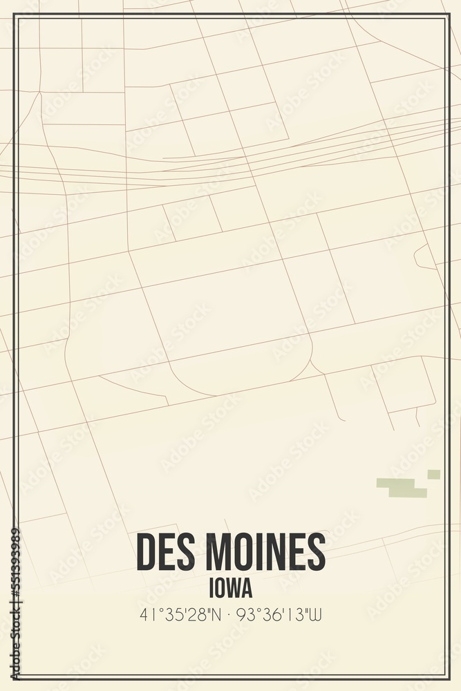 Retro US city map of Des Moines, Iowa. Vintage street map. Retro US city map of Des Moines, Iowa. Vintage street map.