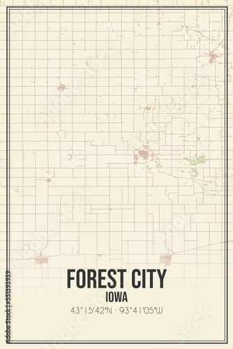 Retro US city map of Forest City, Iowa. Vintage street map. photo
