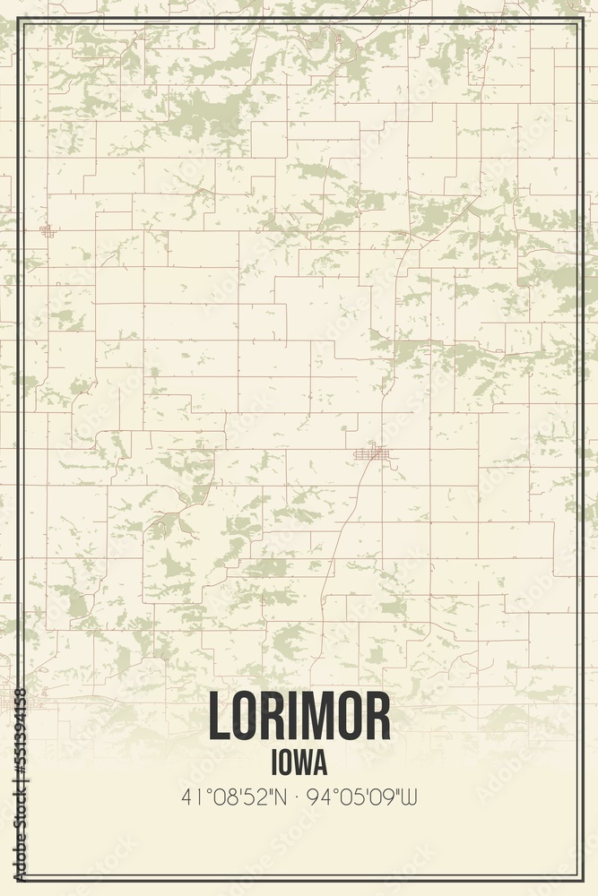 Retro US city map of Lorimor, Iowa. Vintage street map.