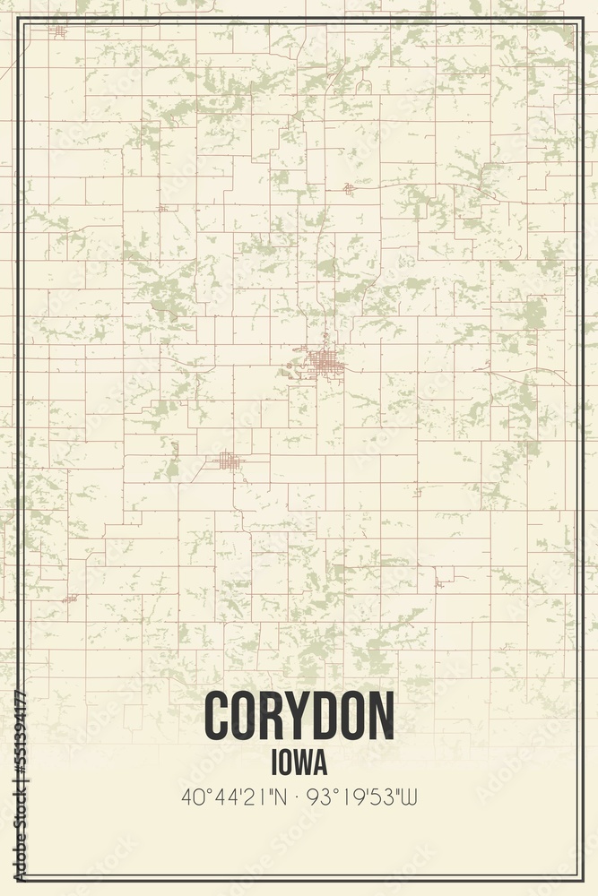 Retro US city map of Corydon, Iowa. Vintage street map.