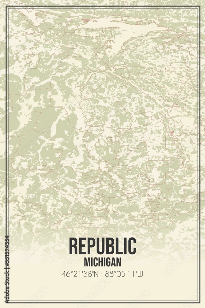 Retro US city map of Republic, Michigan. Vintage street map.