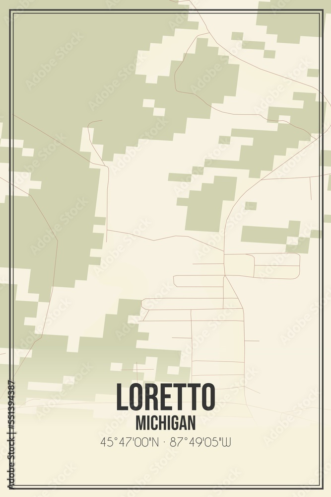 Retro US city map of Loretto, Michigan. Vintage street map.
