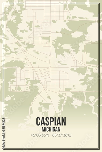Retro US city map of Caspian  Michigan. Vintage street map.