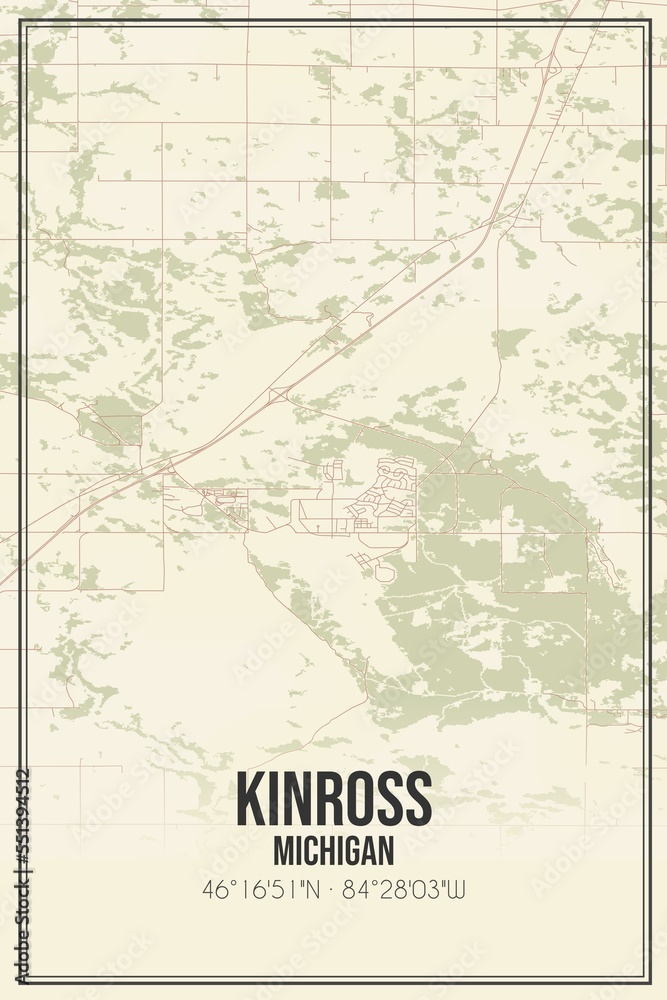 Fototapeta premium Retro US city map of Kinross, Michigan. Vintage street map.