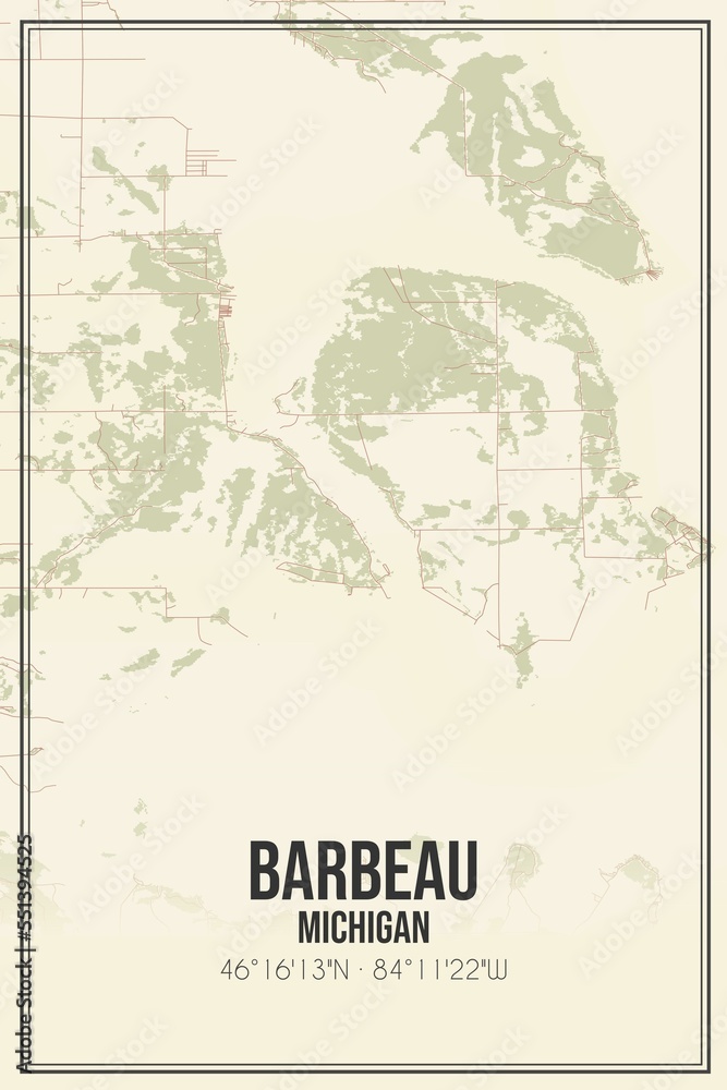 Retro US city map of Barbeau, Michigan. Vintage street map.