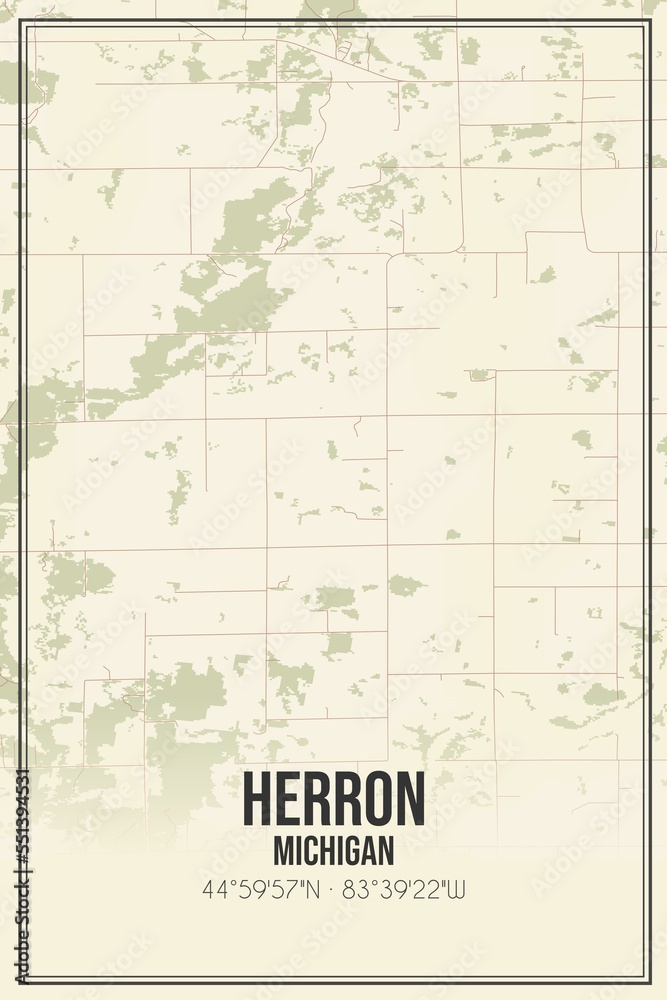 Retro US city map of Herron, Michigan. Vintage street map.