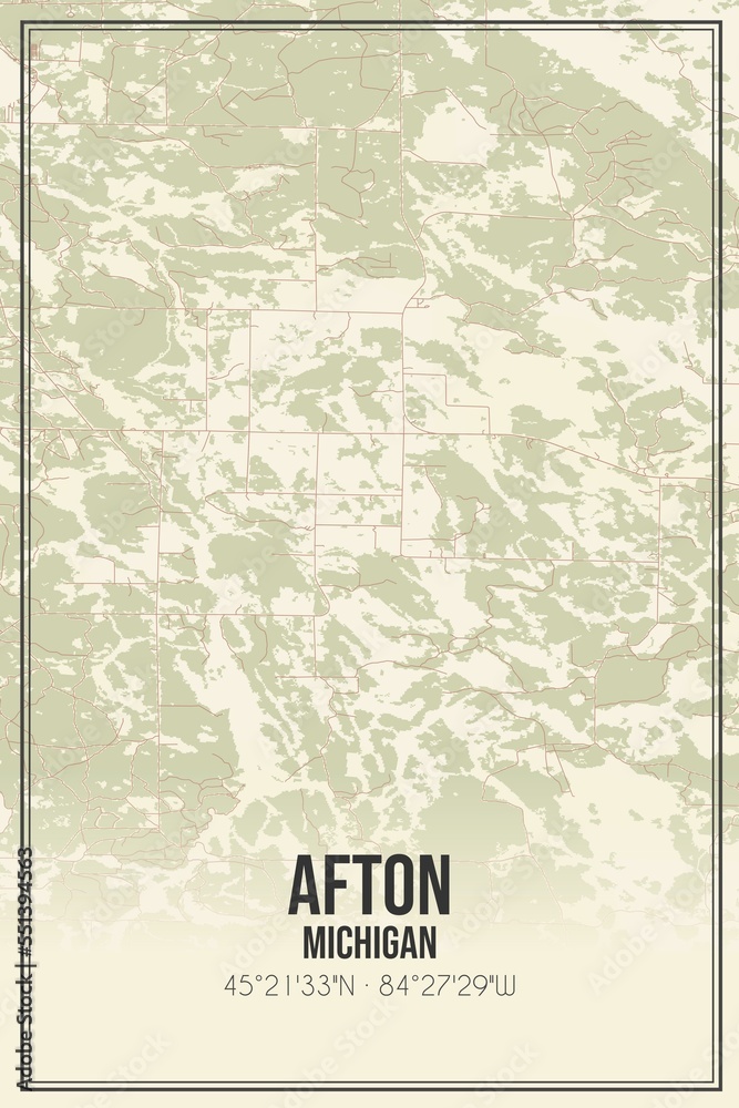Retro US city map of Afton, Michigan. Vintage street map.