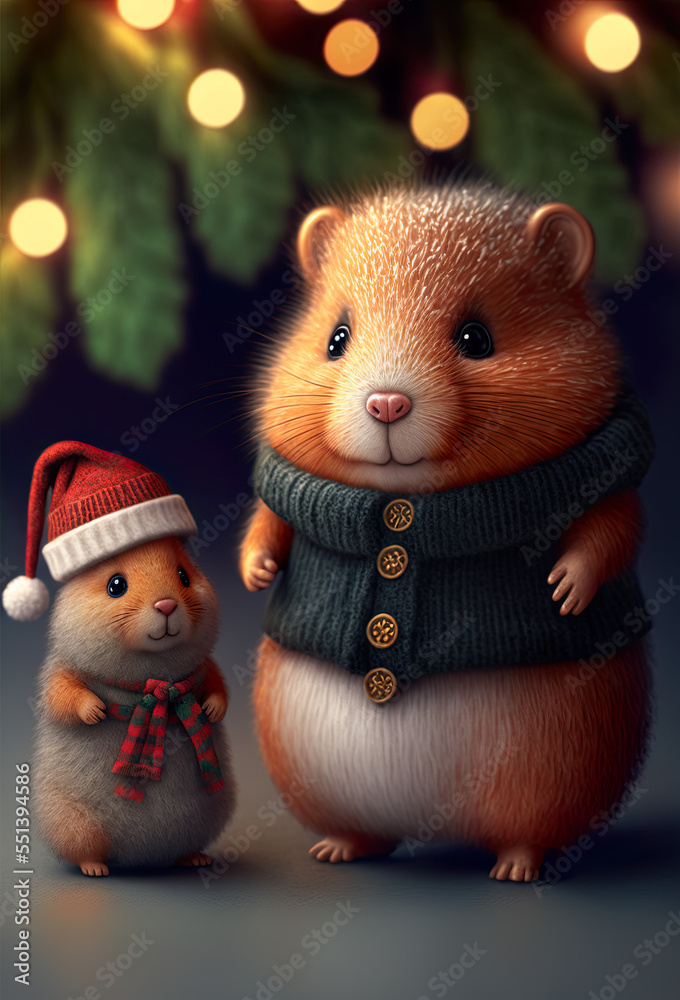 Hamster and kid celebrate Christmas in its cute winter clothes, fluffy ginger hamster in xmas mood, celebration, season, winter greetings, illustration, generative AI Hamster and kid celebrate Christmas in its cute winter clothes, fluffy ginger hamster in xmas mood, celebration, season, winter greetings, illustration, generative AI