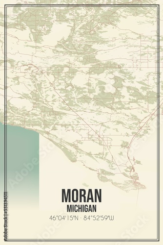 Retro US city map of Moran  Michigan. Vintage street map.