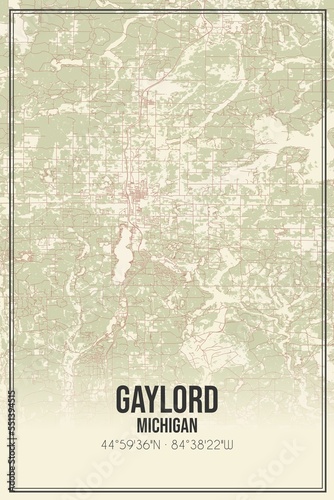 Retro US city map of Gaylord, Michigan. Vintage street map. photo