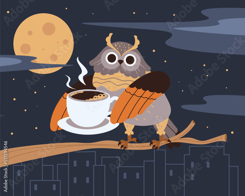 Owl bird drink coffee tea hot drink late night concept. Vector graphic design illustration element