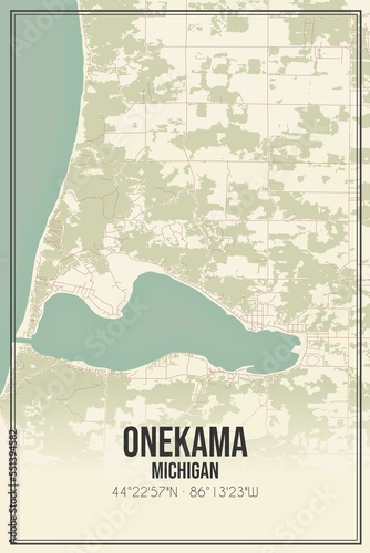 Retro US city map of Onekama, Michigan. Vintage street map. photo
