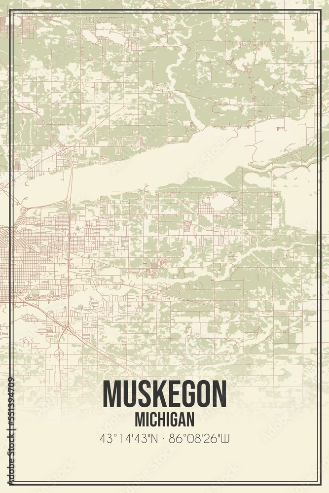 Retro US city map of Muskegon, Michigan. Vintage street map.
