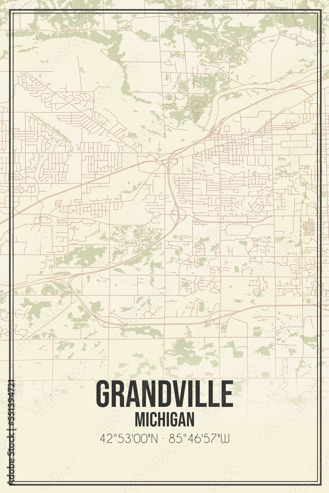 Retro US city map of Grandville, Michigan. Vintage street map.