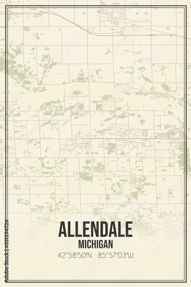 Retro US city map of Allendale, Michigan. Vintage street map.