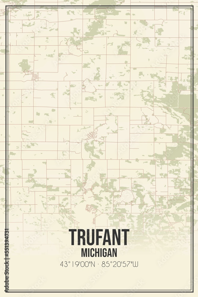 Retro US city map of Trufant, Michigan. Vintage street map.