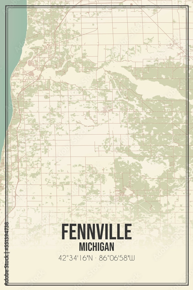 Retro US city map of Fennville, Michigan. Vintage street map.