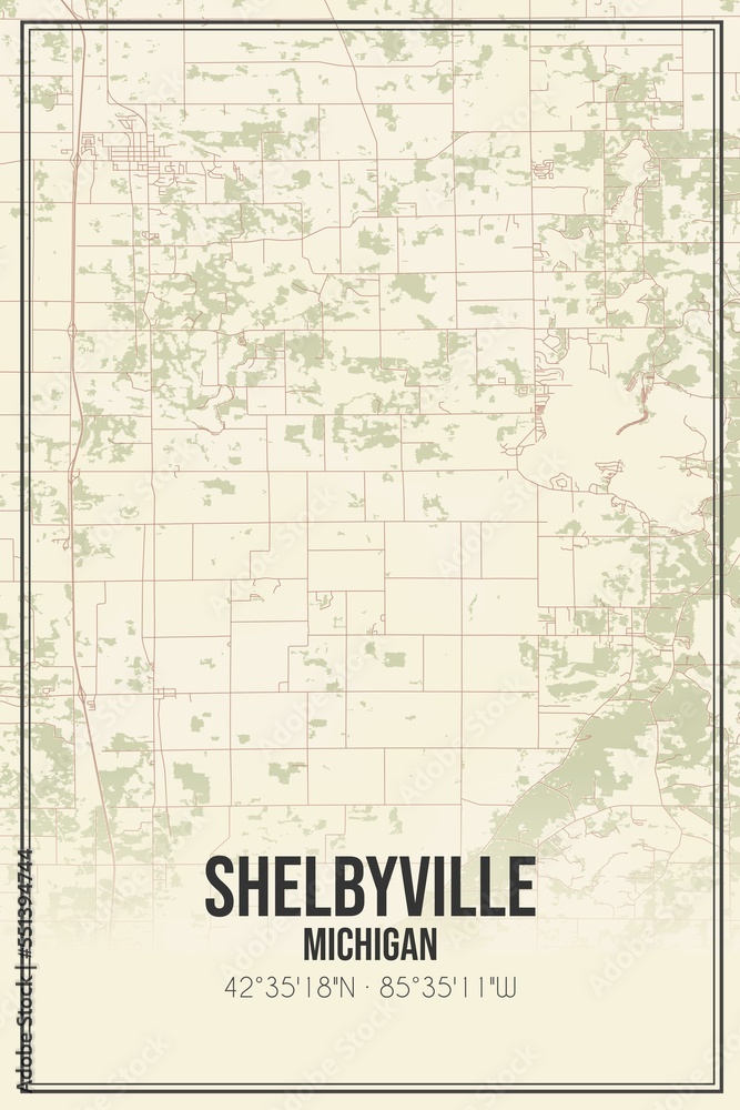 Retro US city map of Shelbyville, Michigan. Vintage street map.