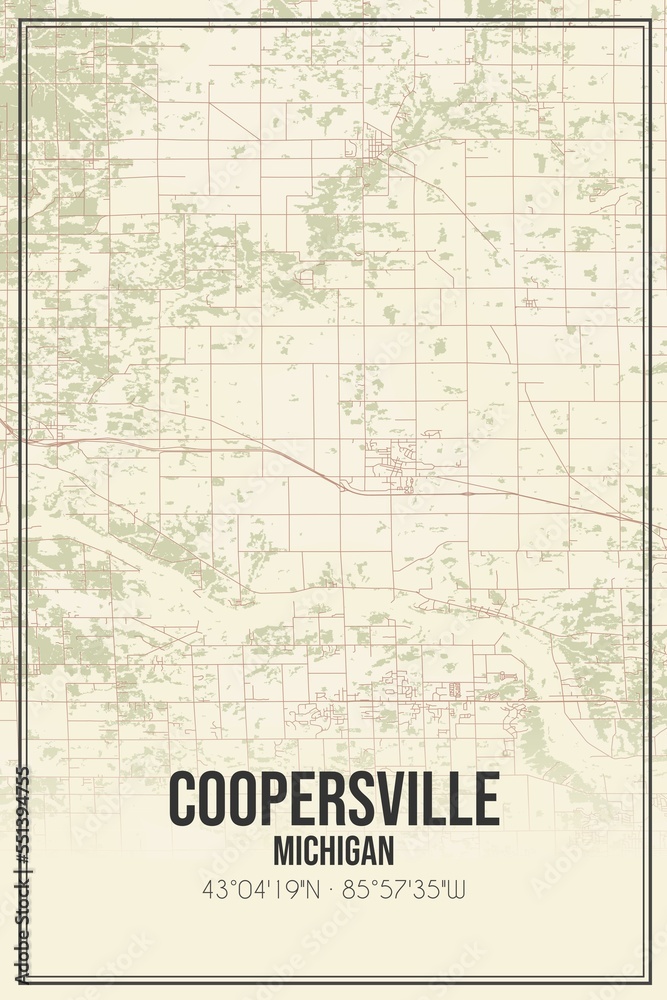 Retro US city map of Coopersville, Michigan. Vintage street map.