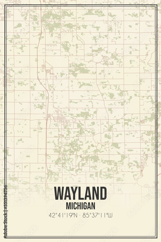 Retro US city map of Wayland, Michigan. Vintage street map.