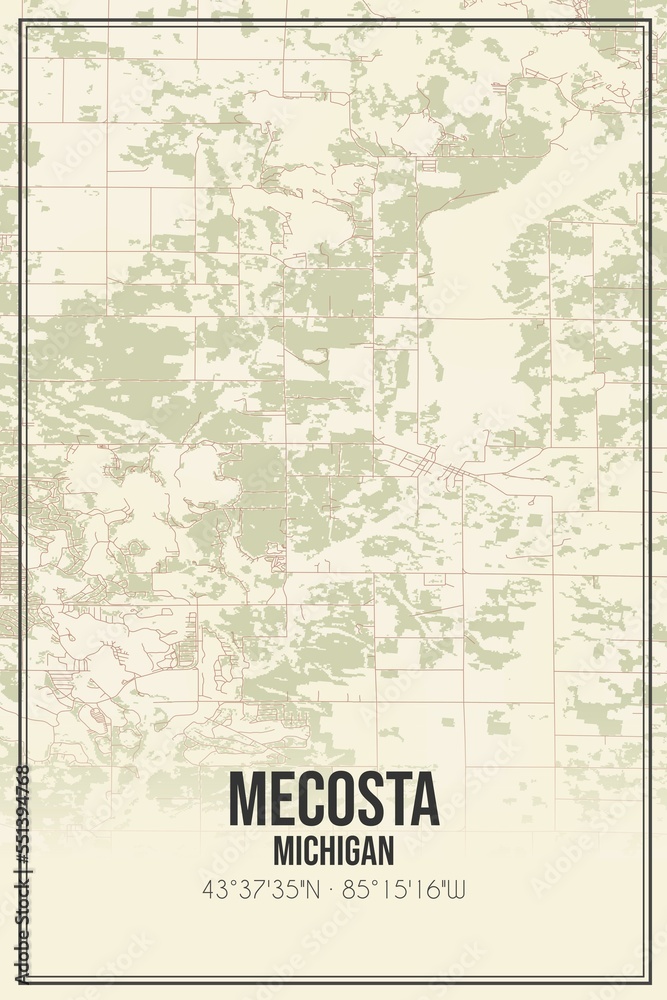 Retro US city map of Mecosta, Michigan. Vintage street map.