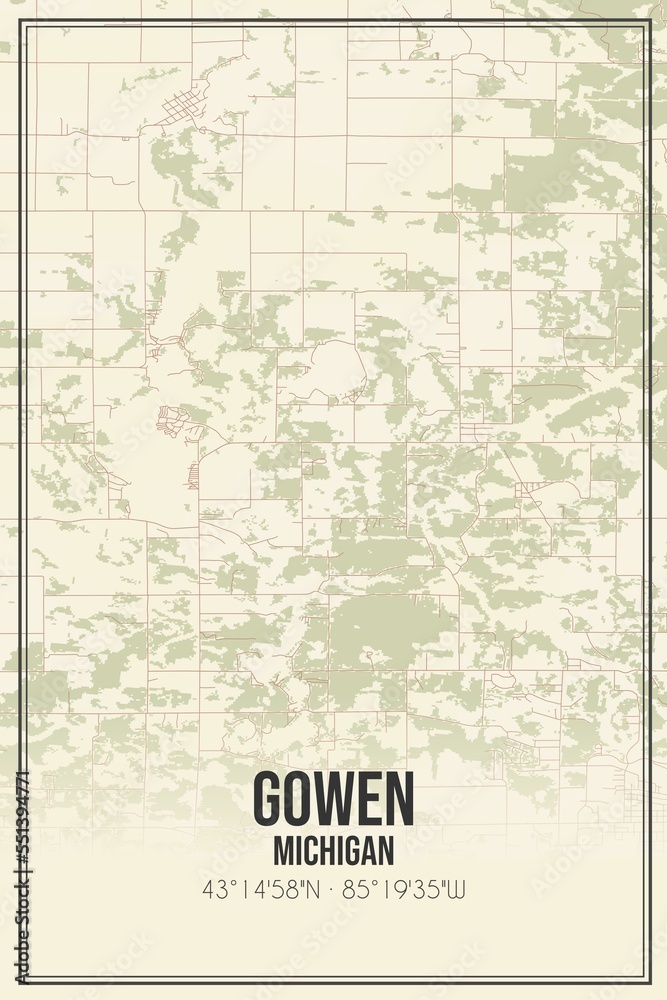 Retro US city map of Gowen, Michigan. Vintage street map.