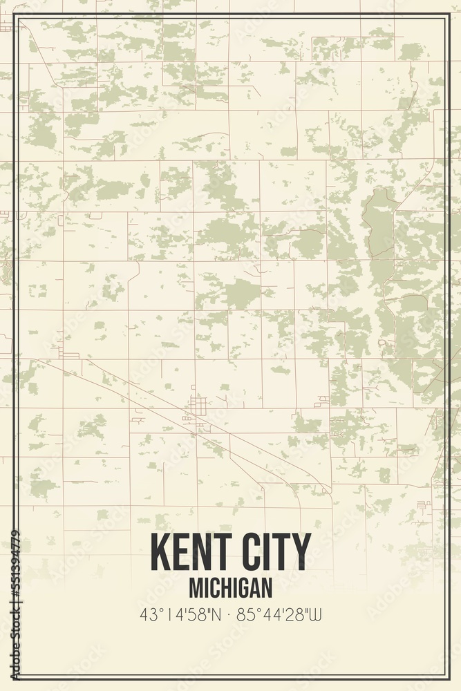 Retro US city map of Kent City, Michigan. Vintage street map.