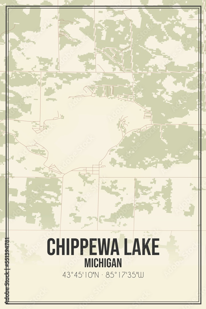 Retro US city map of Chippewa Lake, Michigan. Vintage street map.