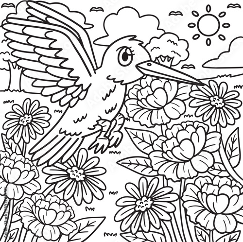 Spring Bird Over Flowers Coloring Page for Kids © abbydesign