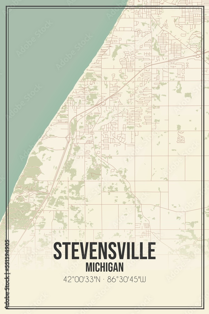 Obraz premium Retro US city map of Stevensville, Michigan. Vintage street map.
