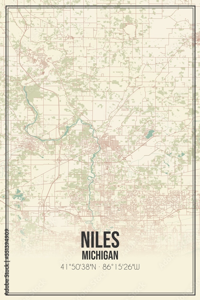 Retro US city map of Niles, Michigan. Vintage street map.
