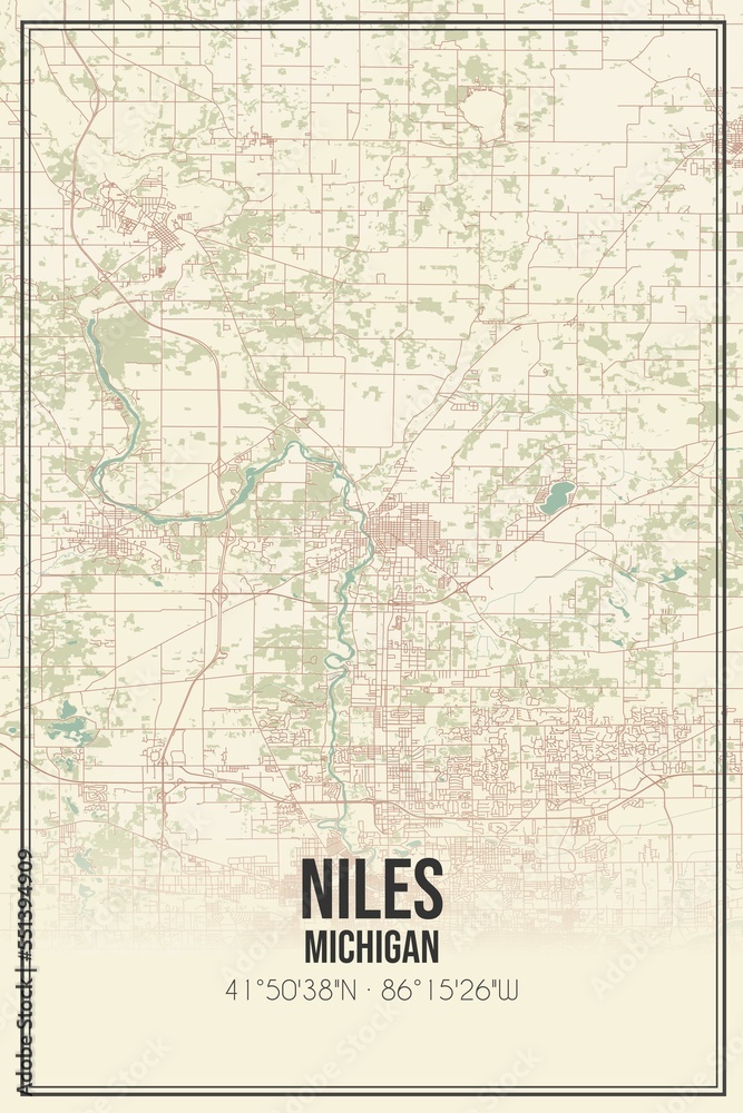 Fototapeta premium Retro US city map of Niles, Michigan. Vintage street map.