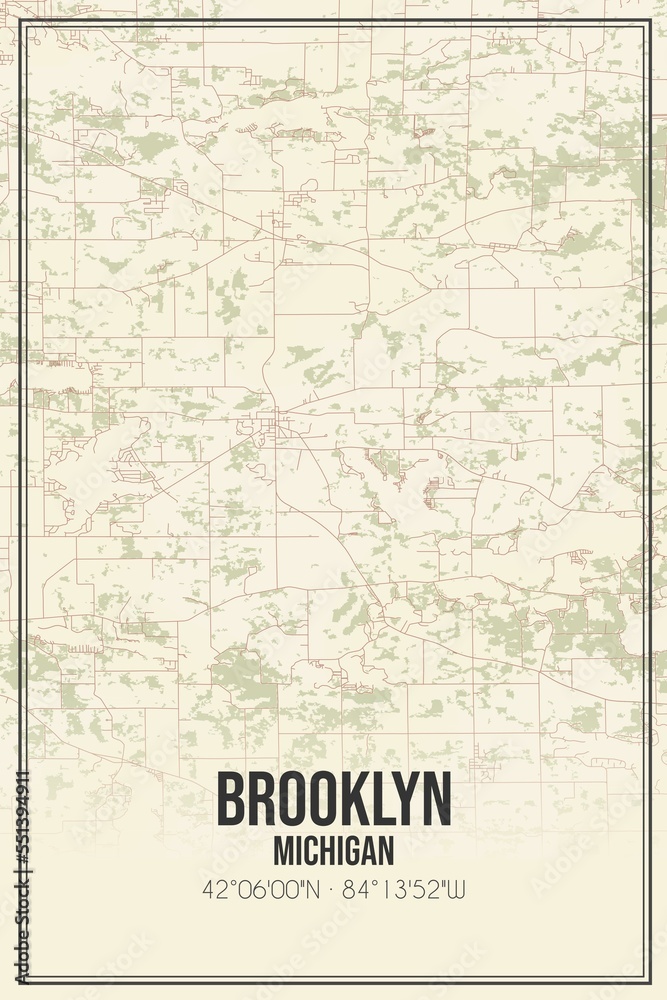 Retro US city map of Brooklyn, Michigan. Vintage street map.