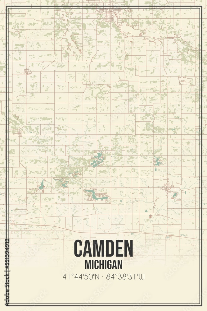 Retro US city map of Camden, Michigan. Vintage street map.