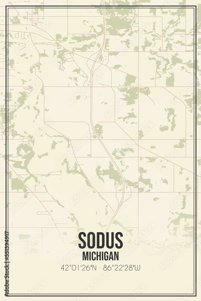 Retro US city map of Sodus, Michigan. Vintage street map.