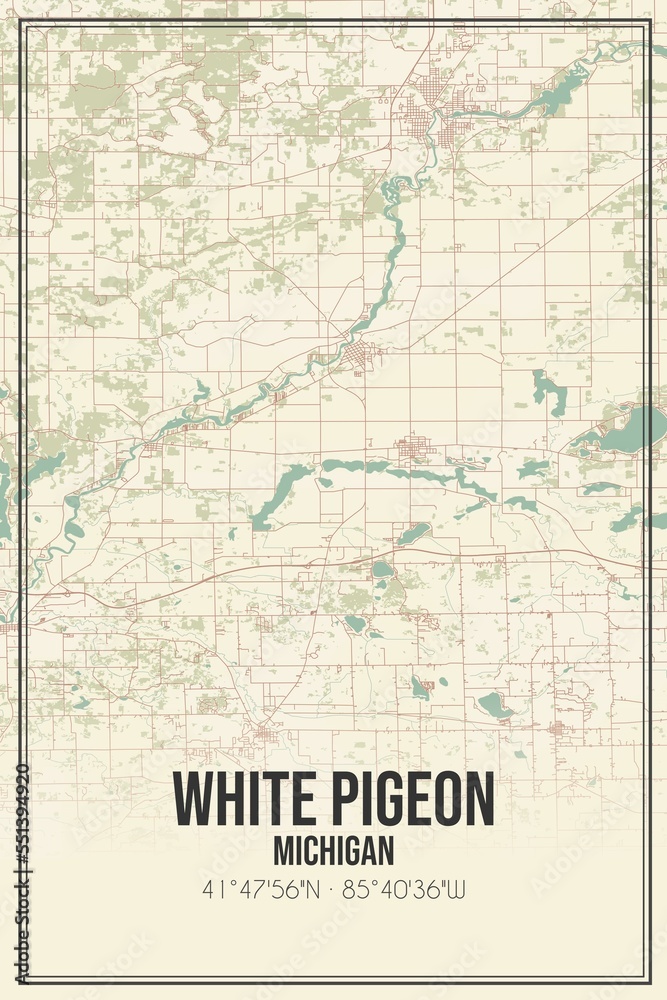 Retro US city map of White Pigeon, Michigan. Vintage street map.