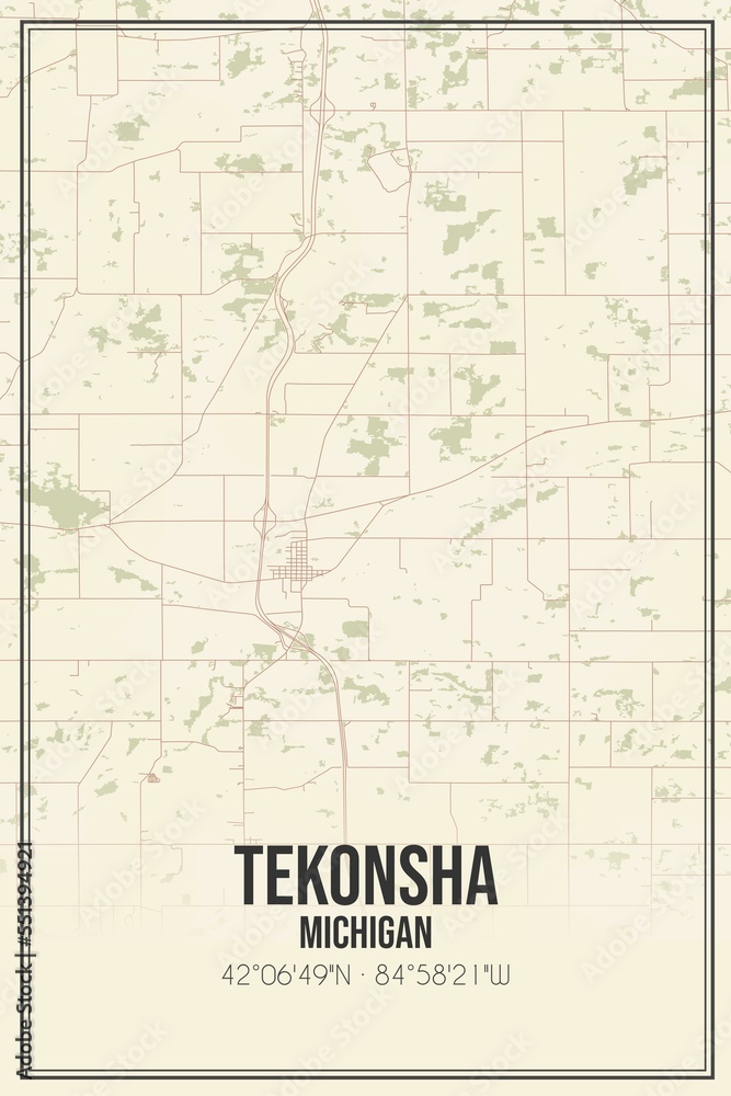 Retro US city map of Tekonsha, Michigan. Vintage street map.