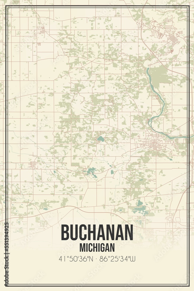 Retro US city map of Buchanan, Michigan. Vintage street map.