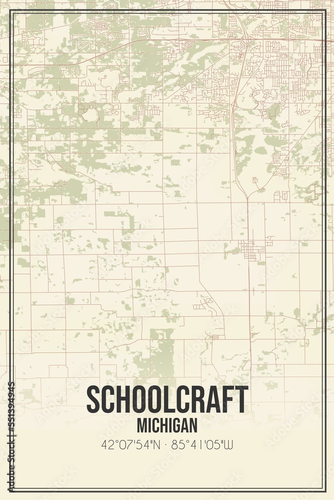 Retro US city map of Schoolcraft, Michigan. Vintage street map.
